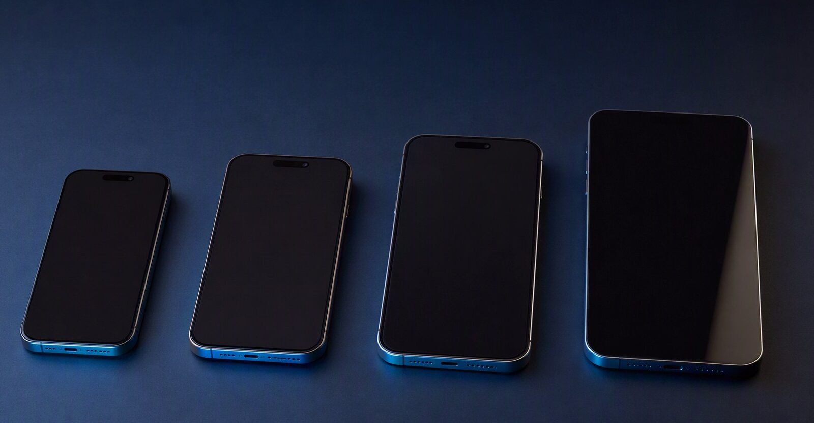Row of premium smartphones on a dark surface (editorial illustration)