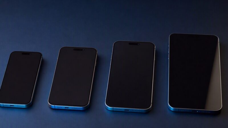 Row of premium smartphones on a dark surface (editorial illustration)